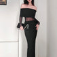 Women's Winter Sexy Off-the-shoulder Pleated Long Sleeve Polyester Dress - Enfance-Heureuse