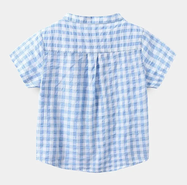 Children's Cotton Blue Short-sleeved Shirt Fashion Casual Short-sleeved Plaid Shirt - Enfance-Heureuse