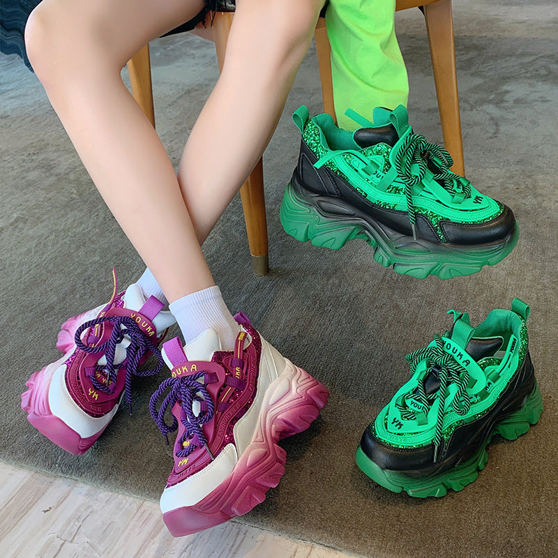 Women's Colorful Sequin Platform Shoes Lace-Up Sneakers - Enfance-Heureuse