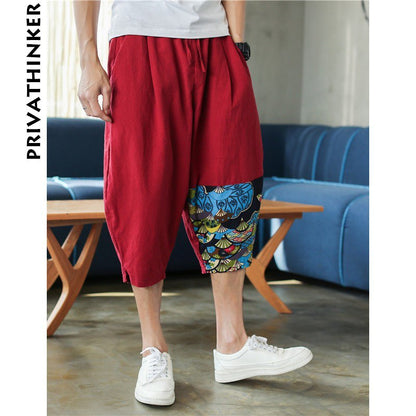 Sinicism Shop Mens Cotton Linen Harem Pants Male Casual Red Bottom Calf-Length Pants Man Summer Harajuku Baggy Loose Pants - Enfance-Heureuse