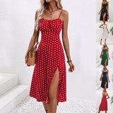 New Polka Dot Print Suspender Dress Summer Sexy Split Long Dresses For Womens Clothing - Enfance-Heureuse