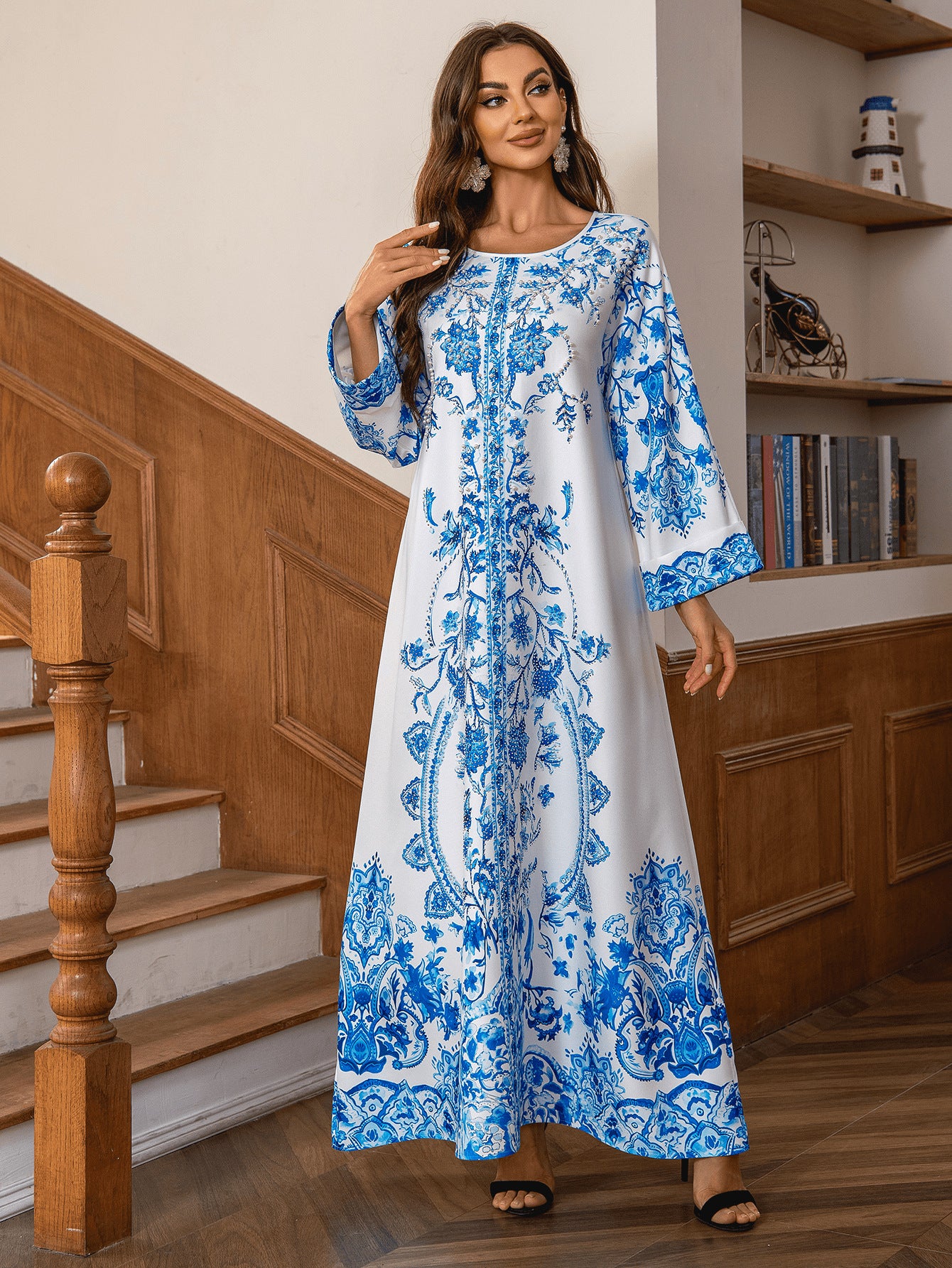 Muslim Robe Diamond Studded Bead Round Neck Dress - Enfance-Heureuse