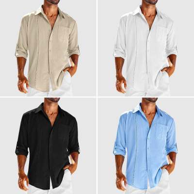 Casual Long Sleeve Shirt With Pocket Lace Polo Collar Solid Color Button Mens Clothing - Enfance-Heureuse