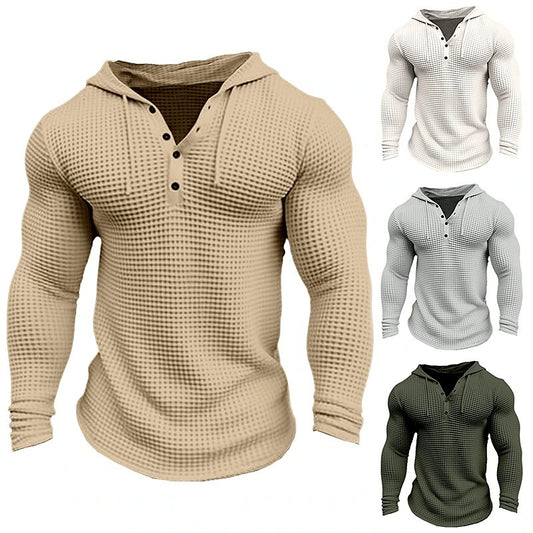 Men's Pullover Casual Long Sleeve T-shirt Waffler Slim Tops Sweat-shirt Solid Color Comfortable Mens Outdoor Streetwear S-3XL - Enfance-Heureuse