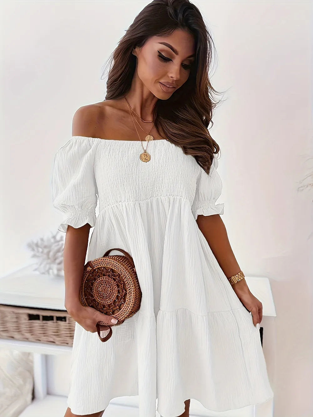 Full Size Ruffled Off-Shoulder Short Sleeve Dress - Enfance-Heureuse