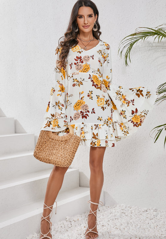 Printed V-Neck Flare Sleeve Mini Dress - Enfance-Heureuse