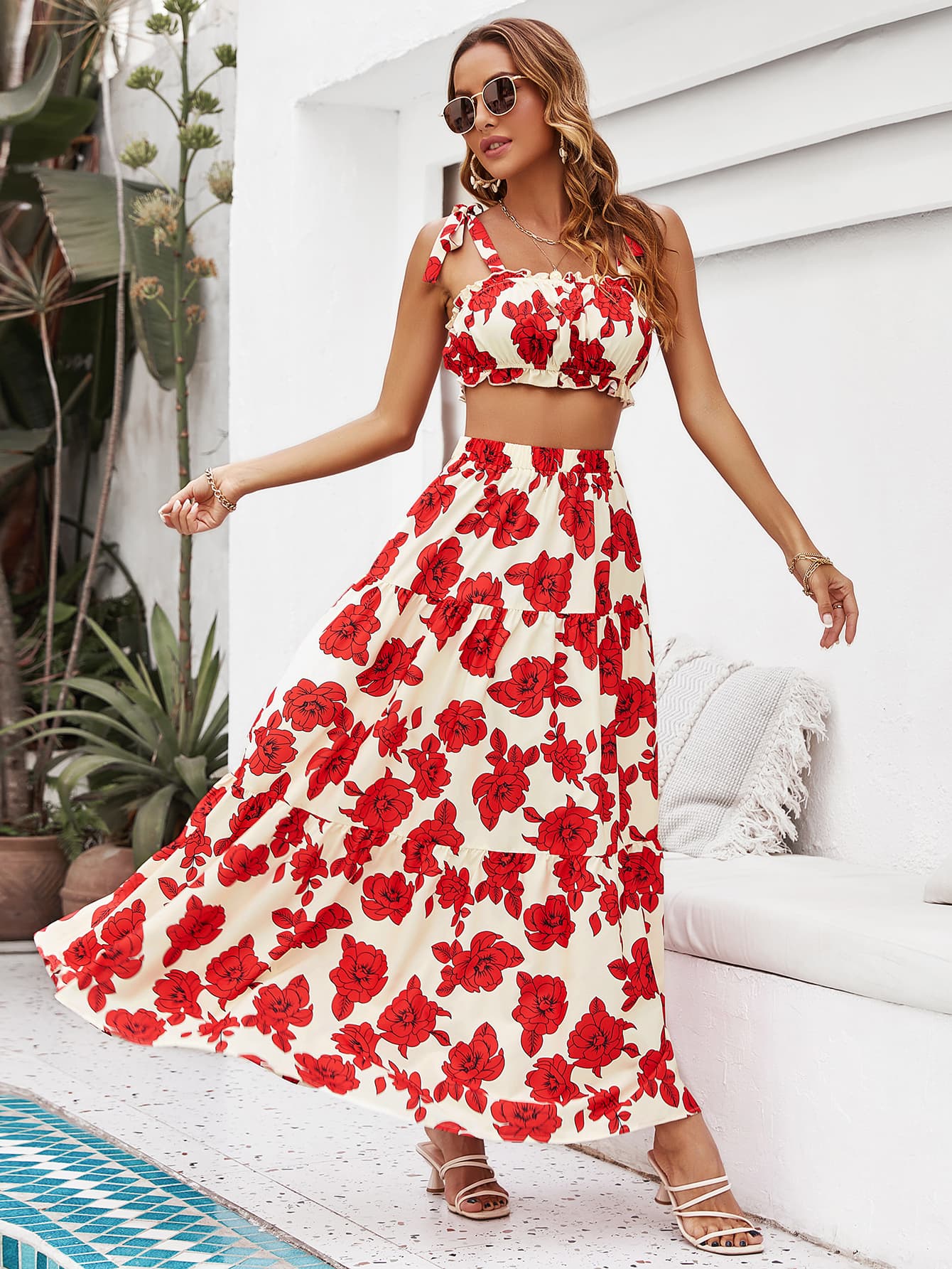 Honey Floral Tie Shoulder Top and Tiered Maxi Skirt Set - Enfance-Heureuse