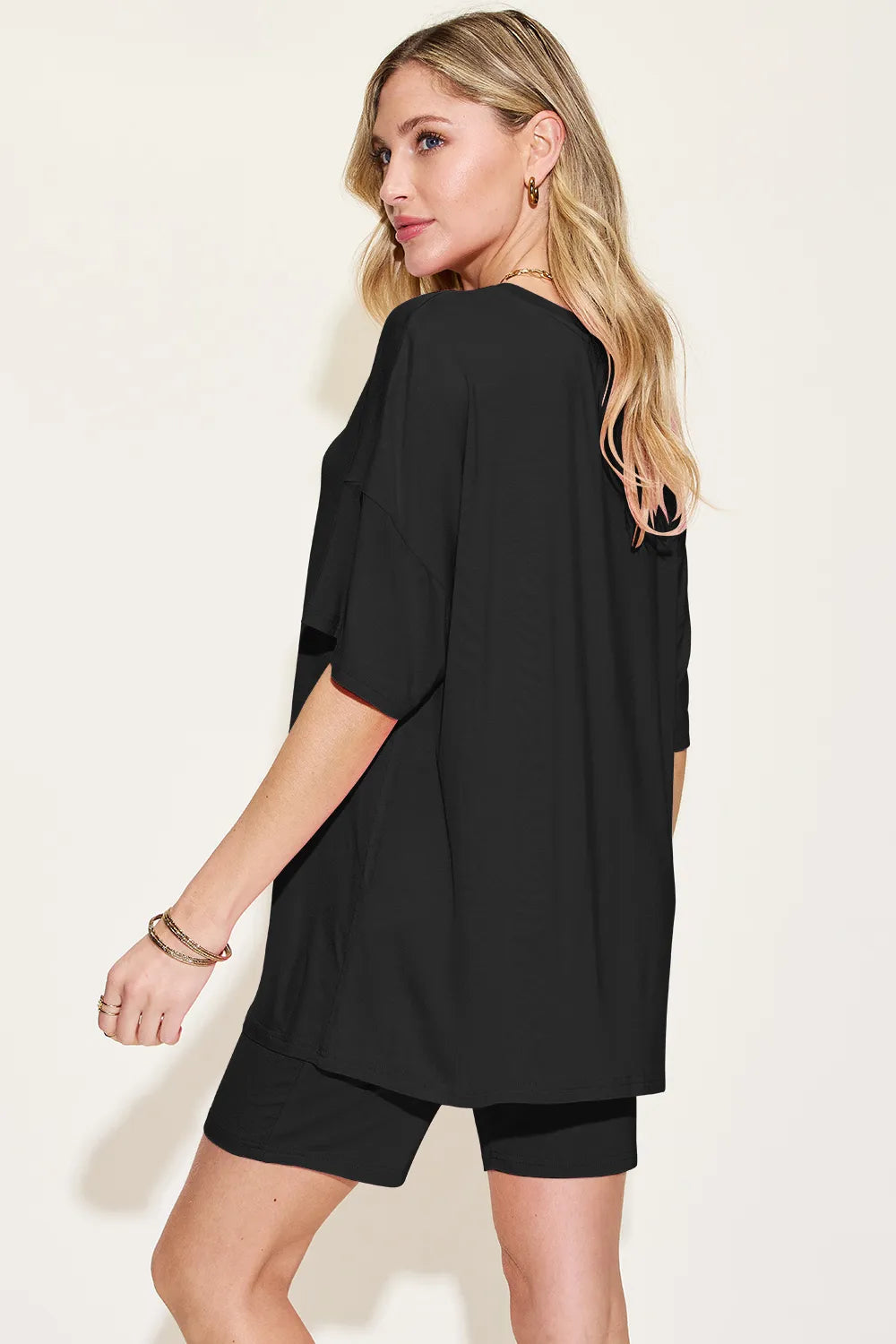 Basic Bae Bamboo Full Size V-Neck Drop Shoulder T-Shirt and Shorts Set - Enfance-Heureuse