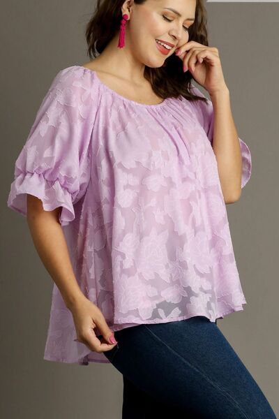 Umgee Full Size Jacquard Round Neck Ruffled Puff Sleeve Blouse Plus Size