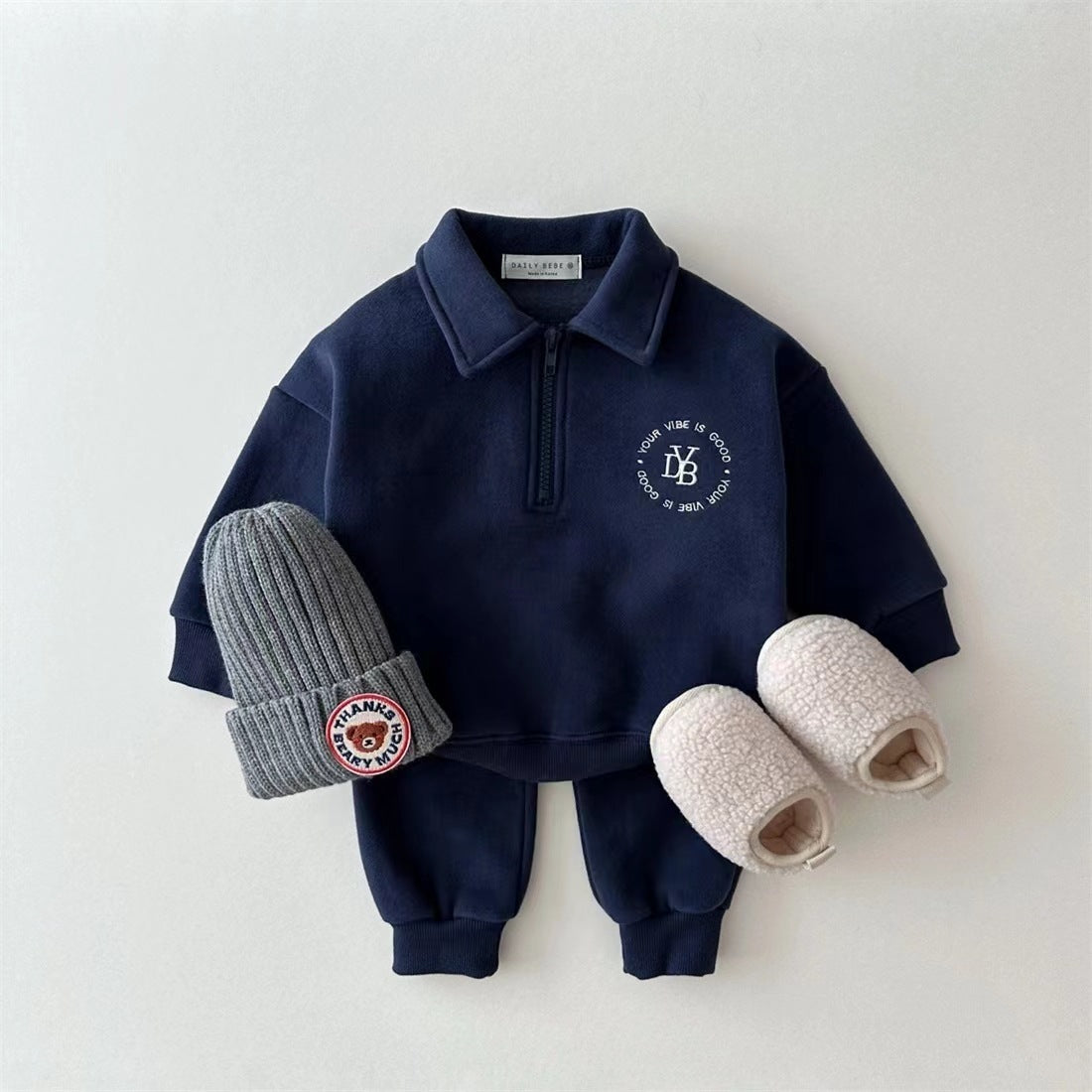 Fleece-lined Lapel Sweatshirt And Sweatpants Suit Children's Two-piece Suit - Enfance-Heureuse
