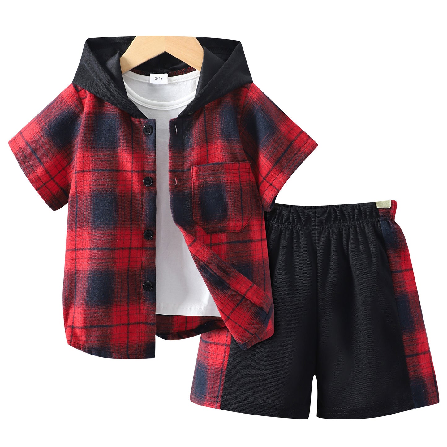 Fashion Children's Short Sleeve Hooded Plaid Suit - Enfance-Heureuse