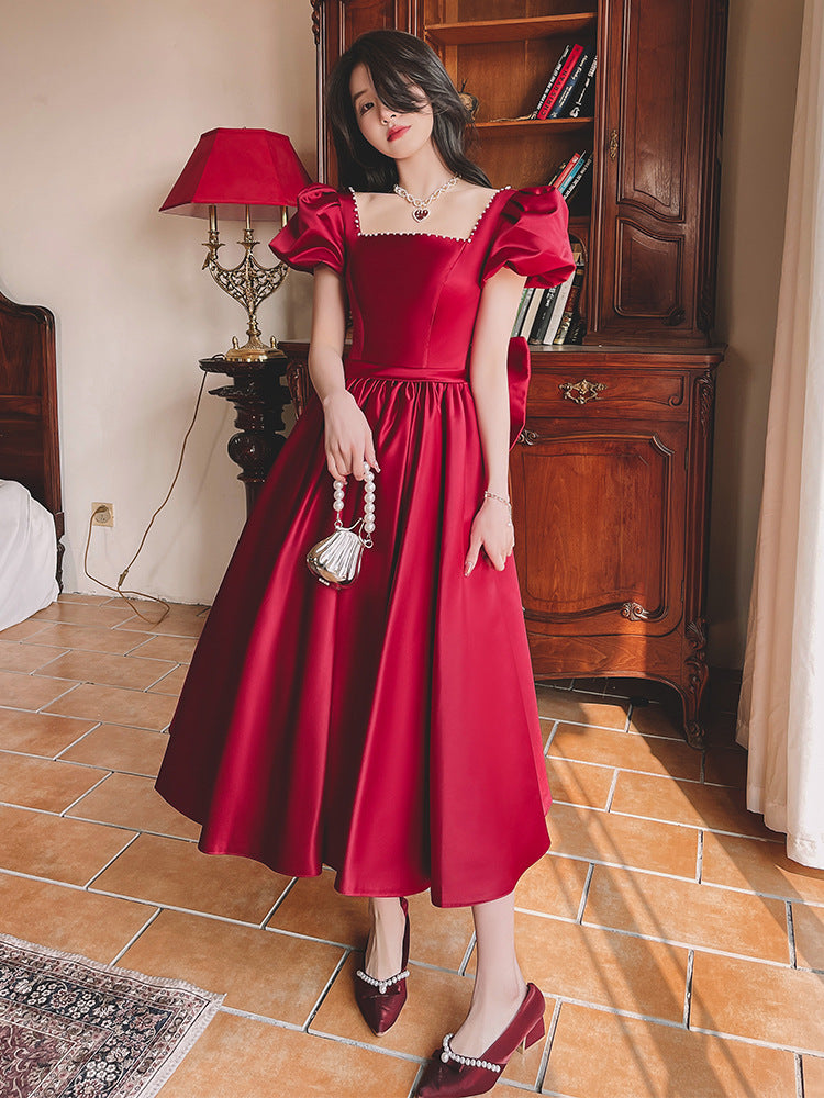 Winter Wine Red Engagement Daily French Princess On The Run Satin Dress - Enfance-Heureuse