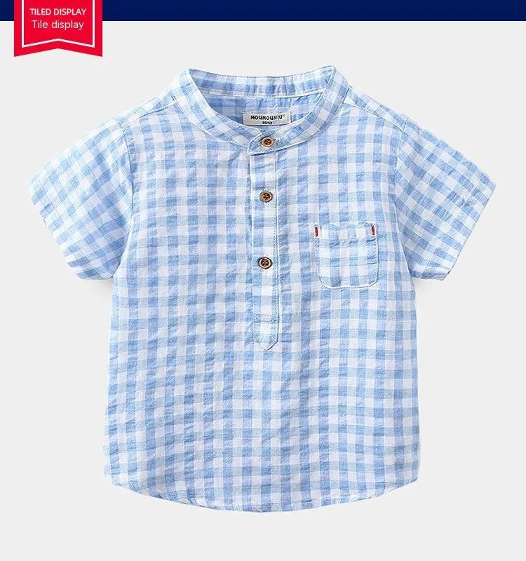 Children's Cotton Blue Short-sleeved Shirt Fashion Casual Short-sleeved Plaid Shirt - Enfance-Heureuse