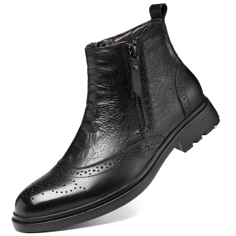 High-top Leather Shoes Height Increasing Shoes 46 Brogue Trendy Ankle Boots - Enfance-Heureuse