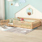 Full Size Bed Floor Bed With Safety Guardrails And Door For Kids, Natural - Enfance-Heureuse