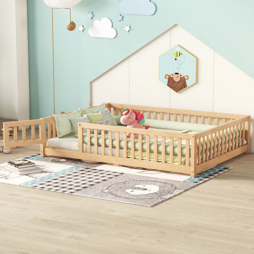 Full Size Bed Floor Bed With Safety Guardrails And Door For Kids, Natural - Enfance-Heureuse