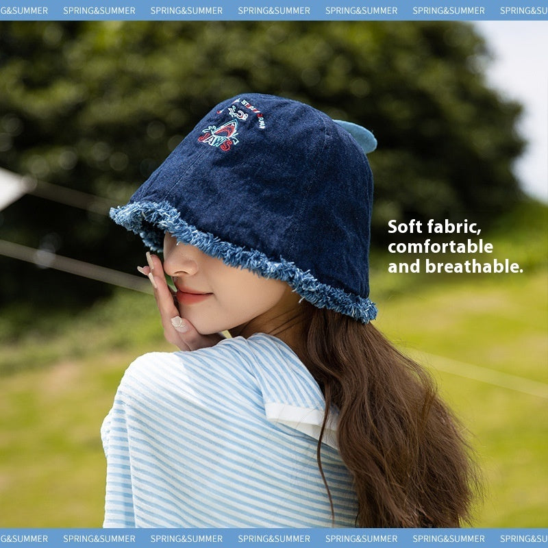 Japanese Shark Cartoon Bucket Hat Washed Denim Big Head Circumference Sun-proof Basin Hat