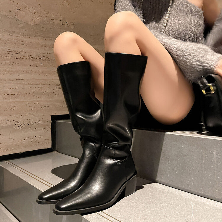 Bottes hautes style britannique à bout carré, talon moyen et épais, en cuir de vache blanc, fermeture éclair à l'arrière