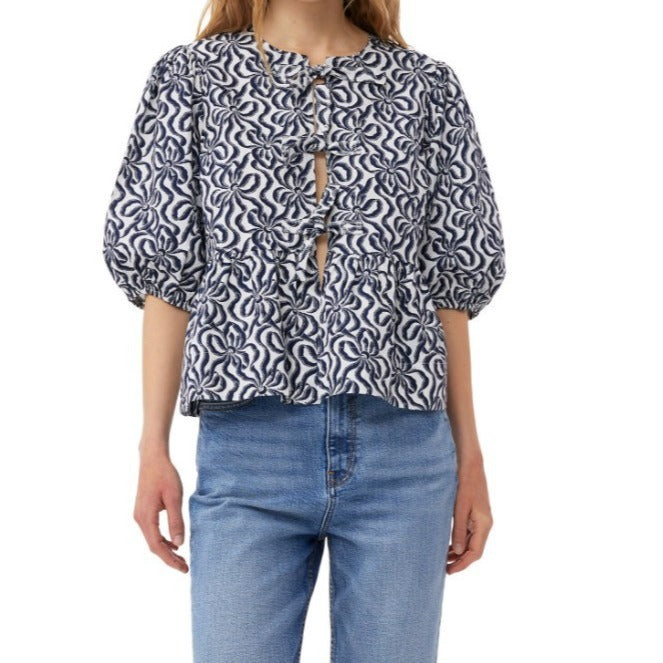 Fashion Printed Shirt Half Sleeve Lace-up Top
