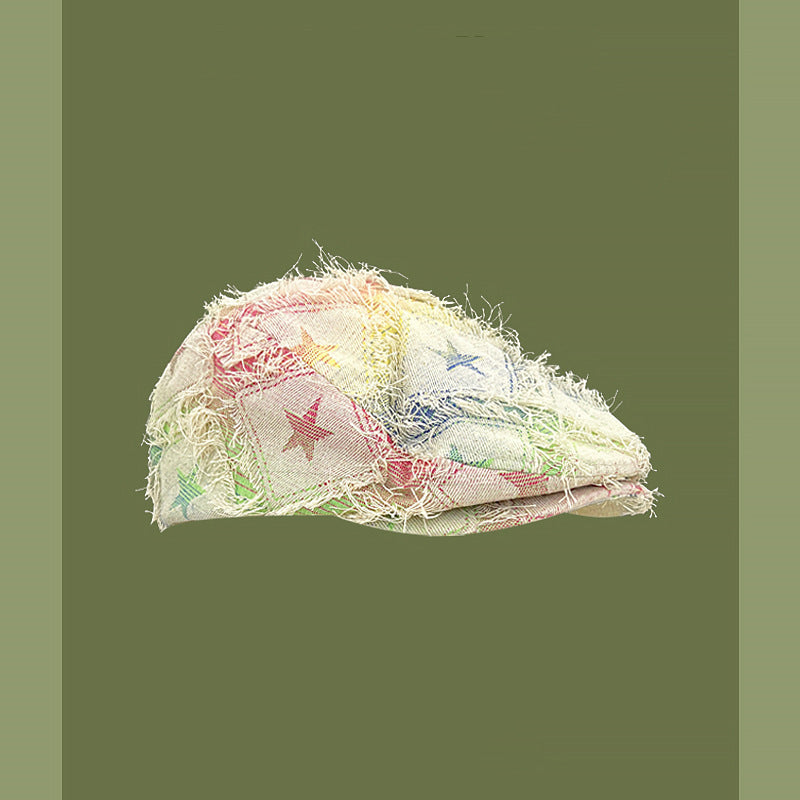 Colorful Plaid Five-pointed Star Advance Hats Women's Korean-style Anti-wear Distressed Edging Beret