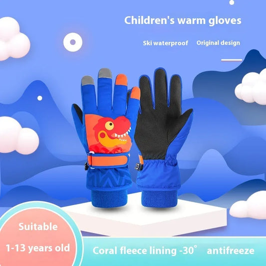 Children's Ski Windproof Warm Velvet Padded Thickened Little Dinosaur Gloves - Enfance-Heureuse