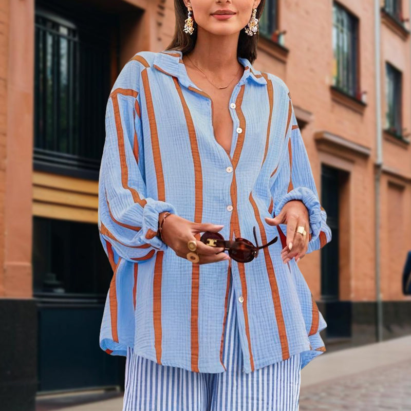 Women's Casual Striped Button-Down Shirt With Drop Sleeves Comfortable Loose-Fit Long Sleeve Top For Spring & Fall - Enfance-Heureuse