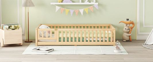 Twin Size Bed Floor Bed With Safety Guardrails And Door For Kids, Natural - Enfance-Heureuse