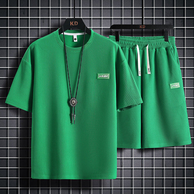 Tracksuit Short Sleeve Set Waffle Cotton Breathable Plaid Fabric Mens Casual Two Piece Set Fashion Sports Suit - Enfance-Heureuse