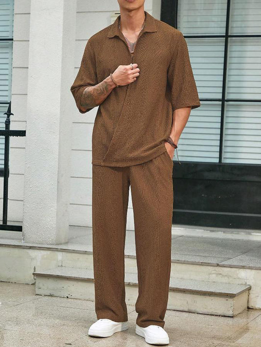 Commuter Suits Summer Short-sleeved Top And Loose Straight Trousers Casual Outfits Outdoor Mens Clothing - Enfance-Heureuse