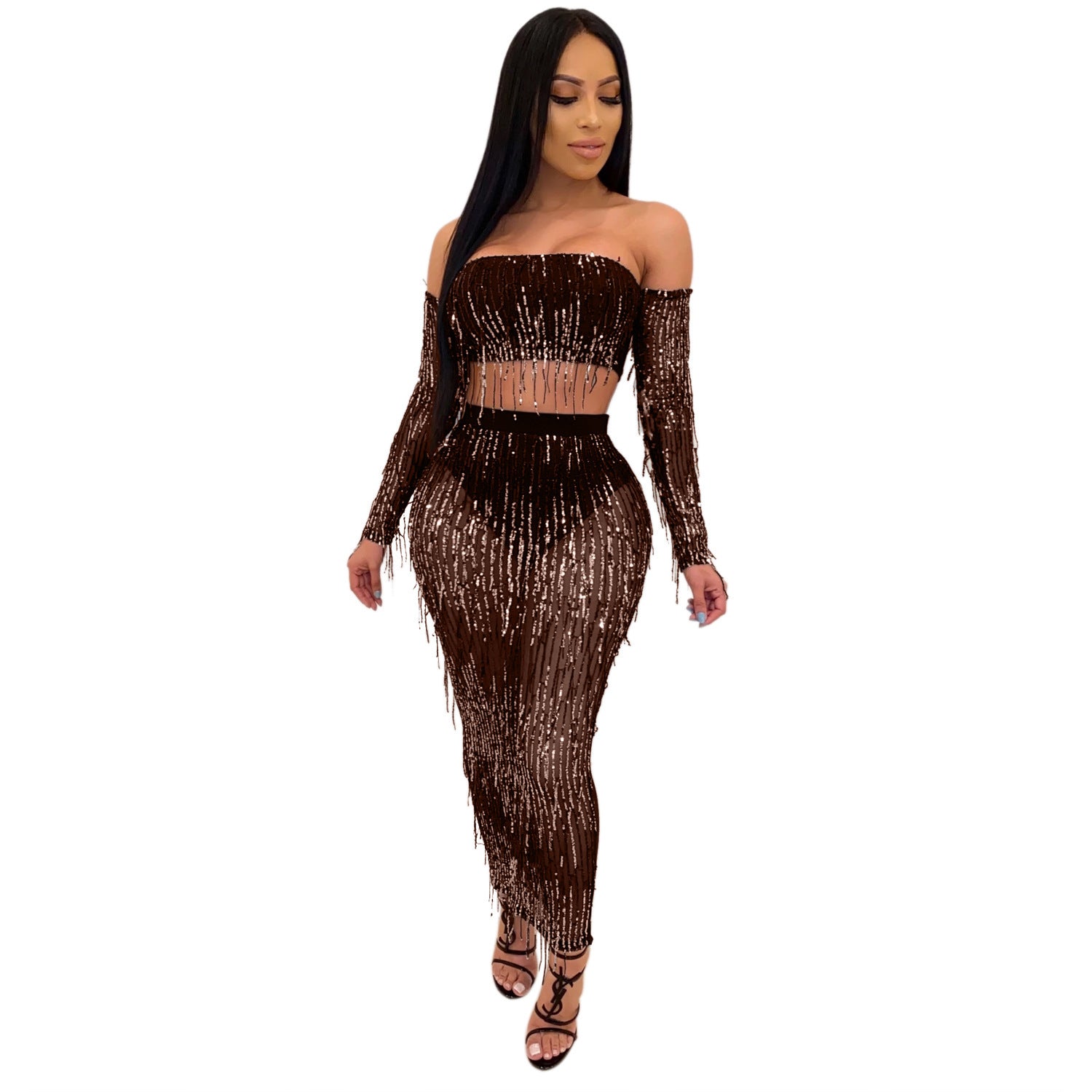 Fashion Sexy See-through Mesh Sequins Tassel Two-piece Set - Enfance-Heureuse
