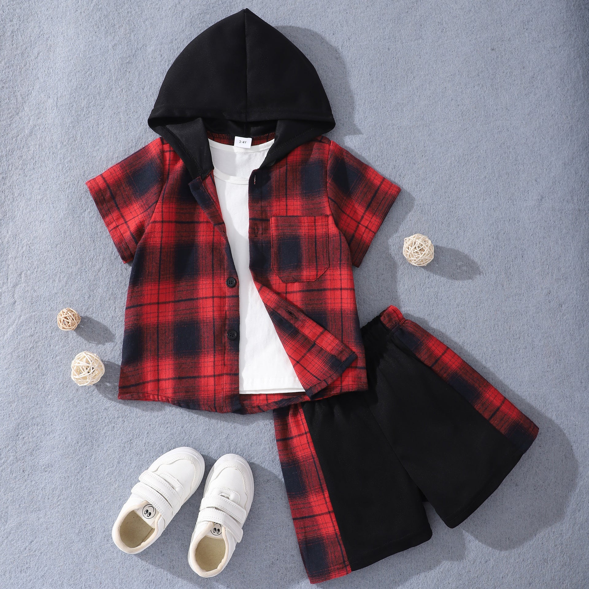Fashion Children's Short Sleeve Hooded Plaid Suit - Enfance-Heureuse