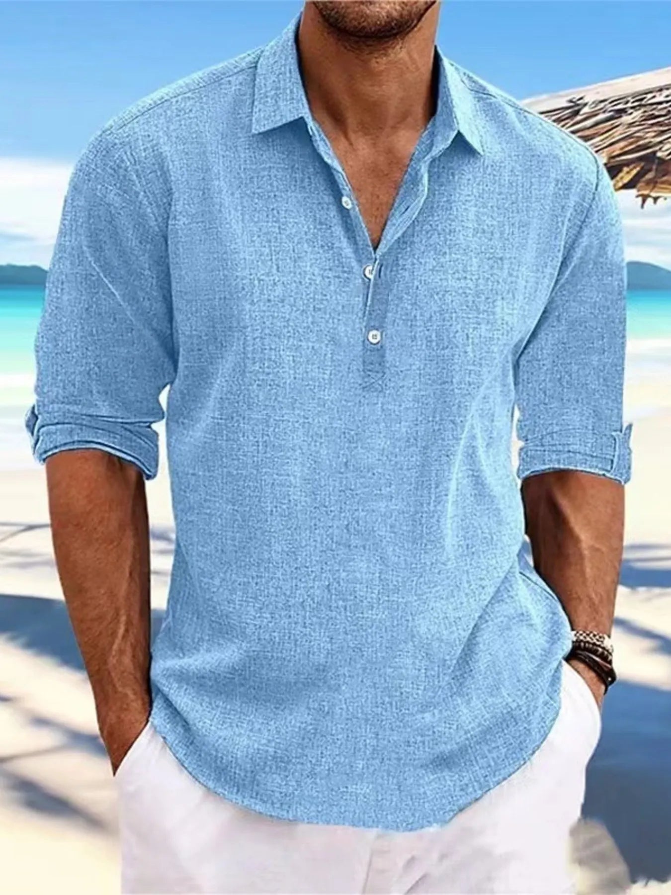 Men's Full Size Casual Linen Long Sleeve Polo Shirt Plus Size - Enfance-Heureuse