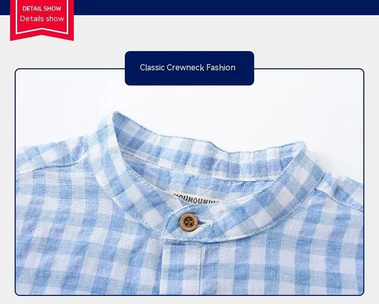 Children's Cotton Blue Short-sleeved Shirt Fashion Casual Short-sleeved Plaid Shirt - Enfance-Heureuse