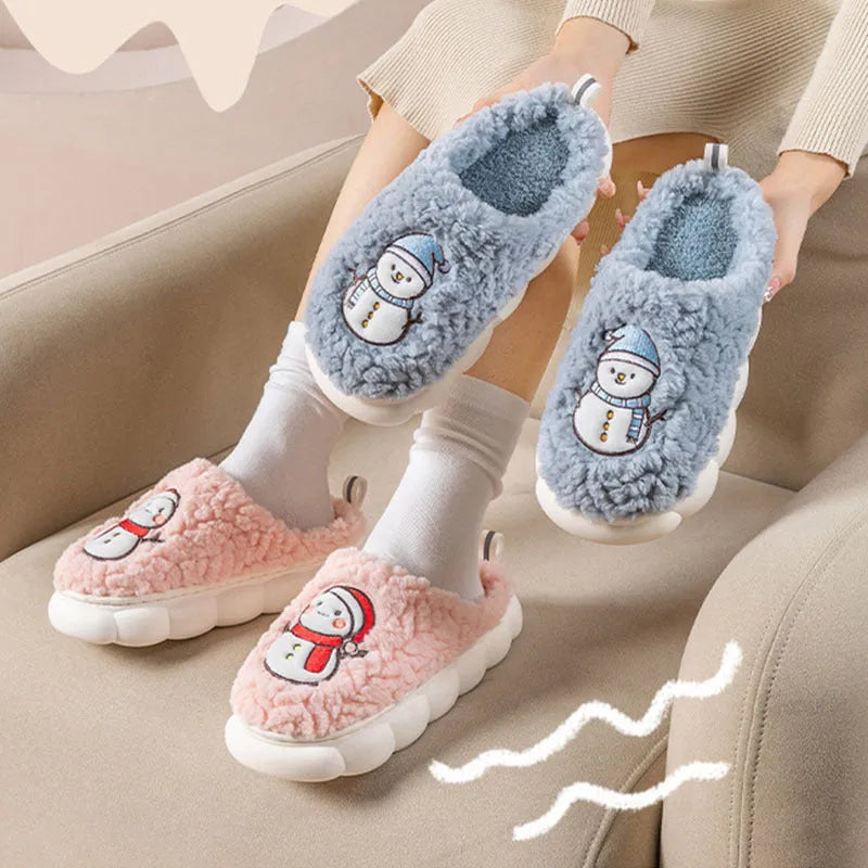 Pantoufles mignonnes de bonhomme de neige pour l'hiver, intérieur, en peluche chaude, à semelles épaisses, antidérapantes, pantoufle de maison, chaussures de maison - Enfance-Heureuse