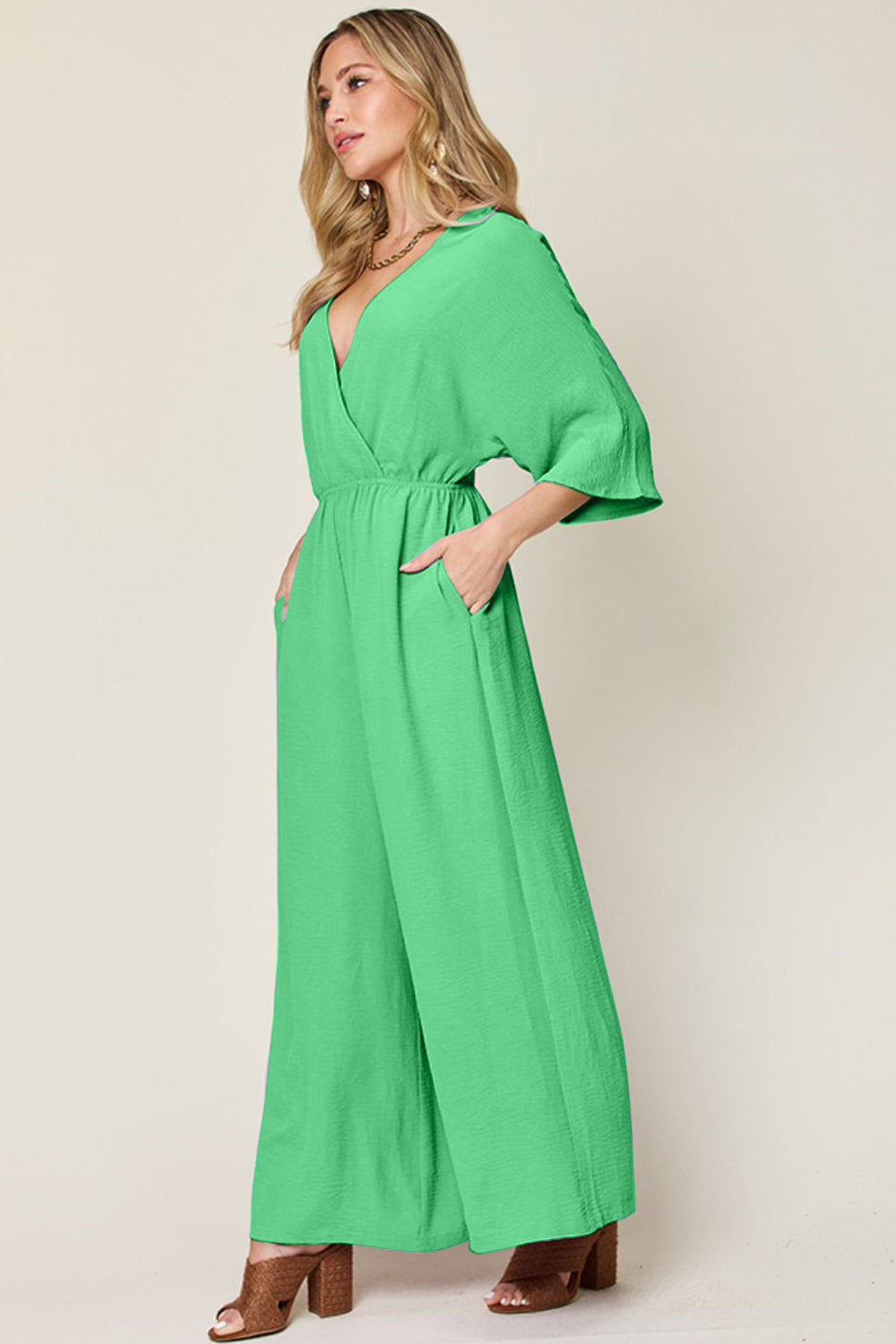 Double Take Full Size Surplice Wide Leg Jumpsuit with Pockets - Enfance-Heureuse