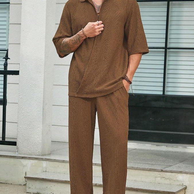 Commuter Suits Summer Short-sleeved Top And Loose Straight Trousers Casual Outfits Outdoor Mens Clothing - Enfance-Heureuse