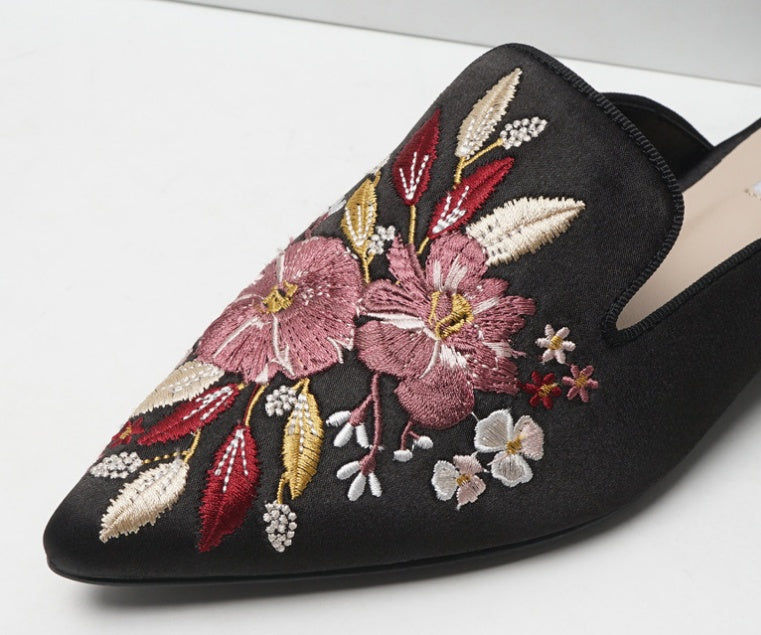 Code embroidery tipped a pedal lazy low heel women's slippers - Enfance-Heureuse