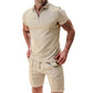 2Pcs Casual Waffle Suit Summer Zipper Lapel Short-sleeved Top And Drawstring Pockets Shorts Versatile Solid Color T-shirt Set For Mens Clothing - Enfance-Heureuse