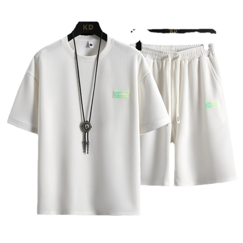 Tracksuit Short Sleeve Set Waffle Cotton Breathable Plaid Fabric Mens Casual Two Piece Set Fashion Sports Suit - Enfance-Heureuse