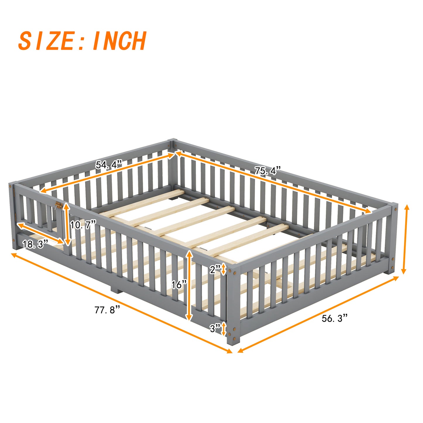 Full Size Bed Floor Bed With Safety Guardrails And Door For Kids, Gray - Enfance-Heureuse