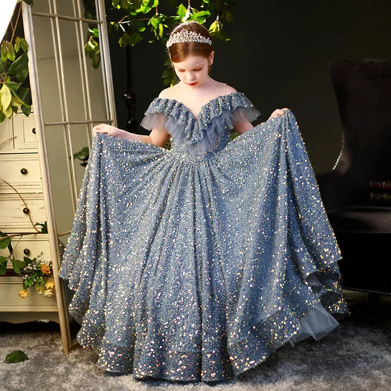 Robe de princesse à paillettes pour enfants de grande taille, costumes de défilé de style occidental pour l'hiver