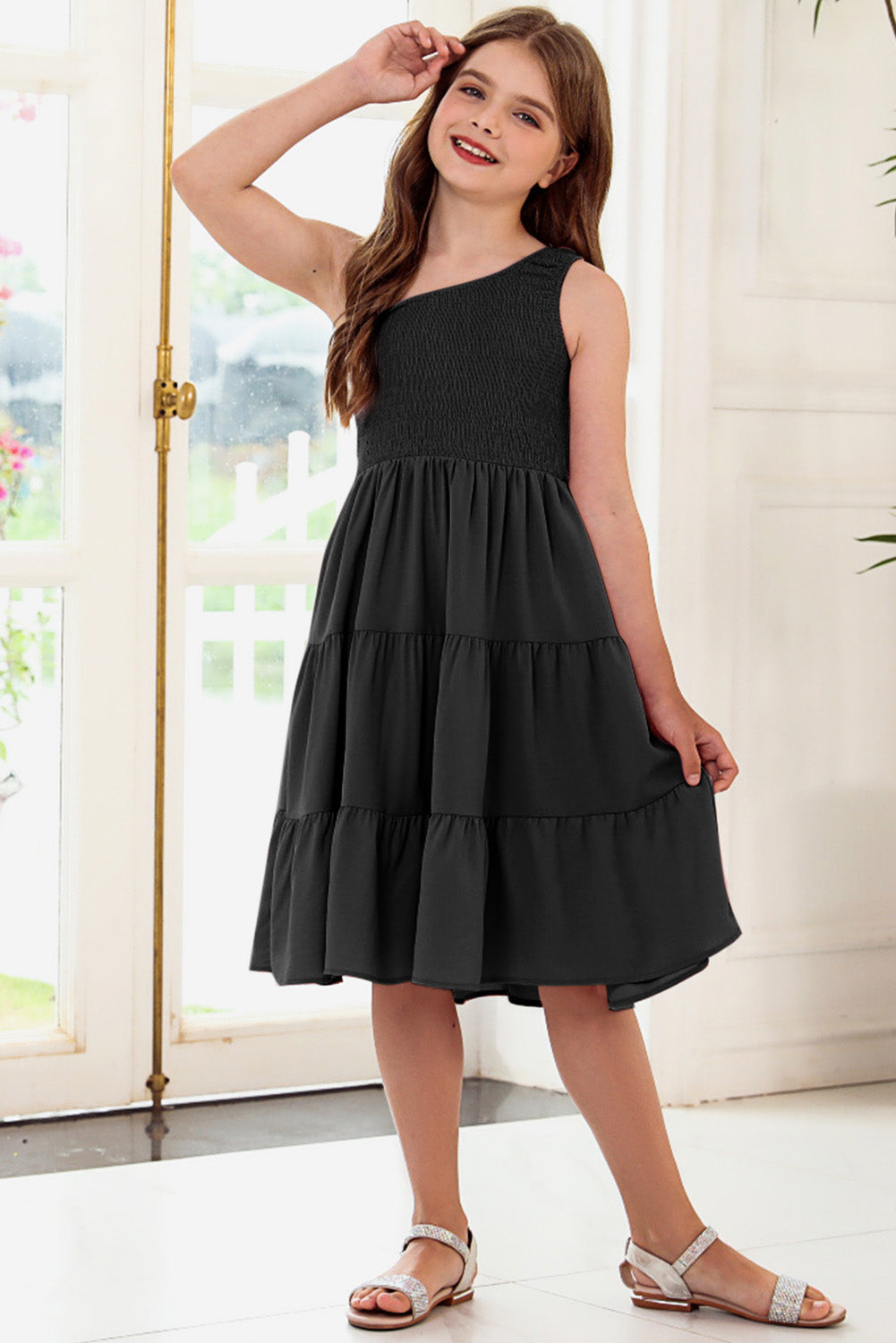 One-Shoulder Sleeveless Tiered Dress - Enfance-Heureuse