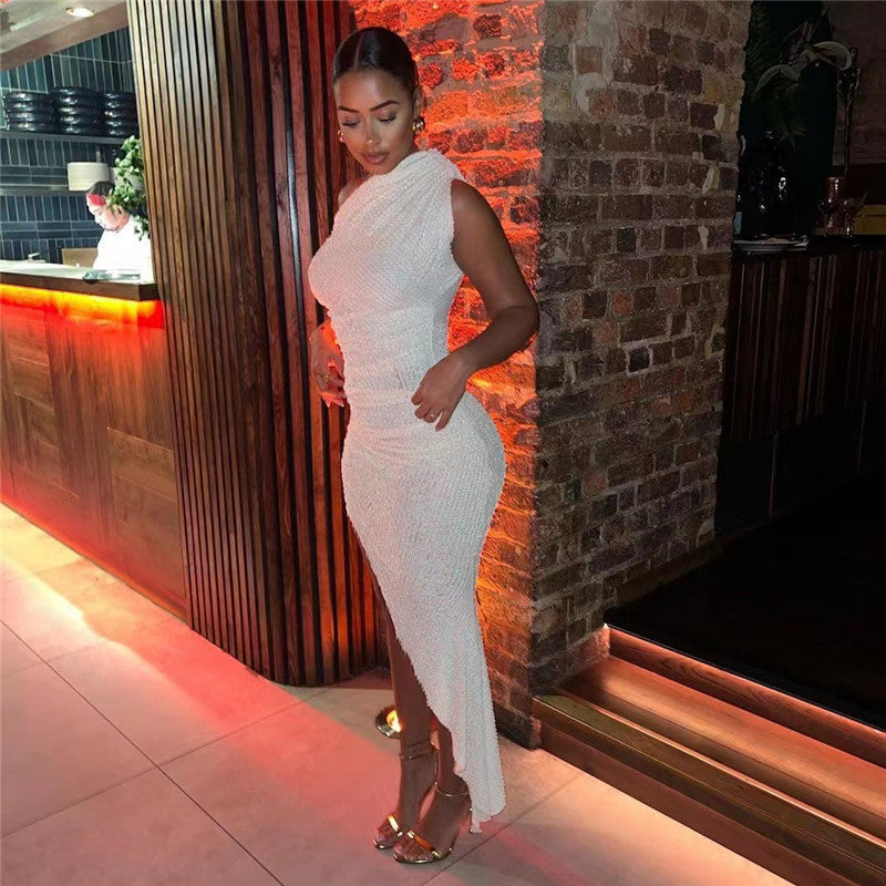 Fashion Shoulder Sleeve Irregular Hem Dress - Enfance-Heureuse