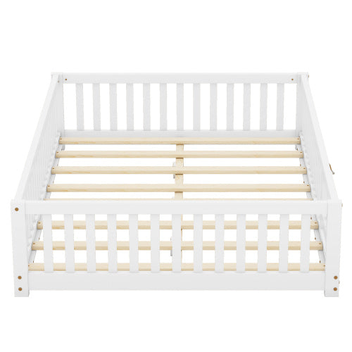 Full Size Bed Floor Bed With Safety Guardrails And Door For Kids, White - Enfance-Heureuse