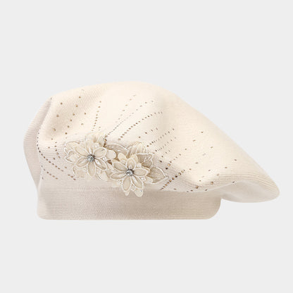 British Retro Beret Women's Fashion Flower Rhinestone Knitted Painting