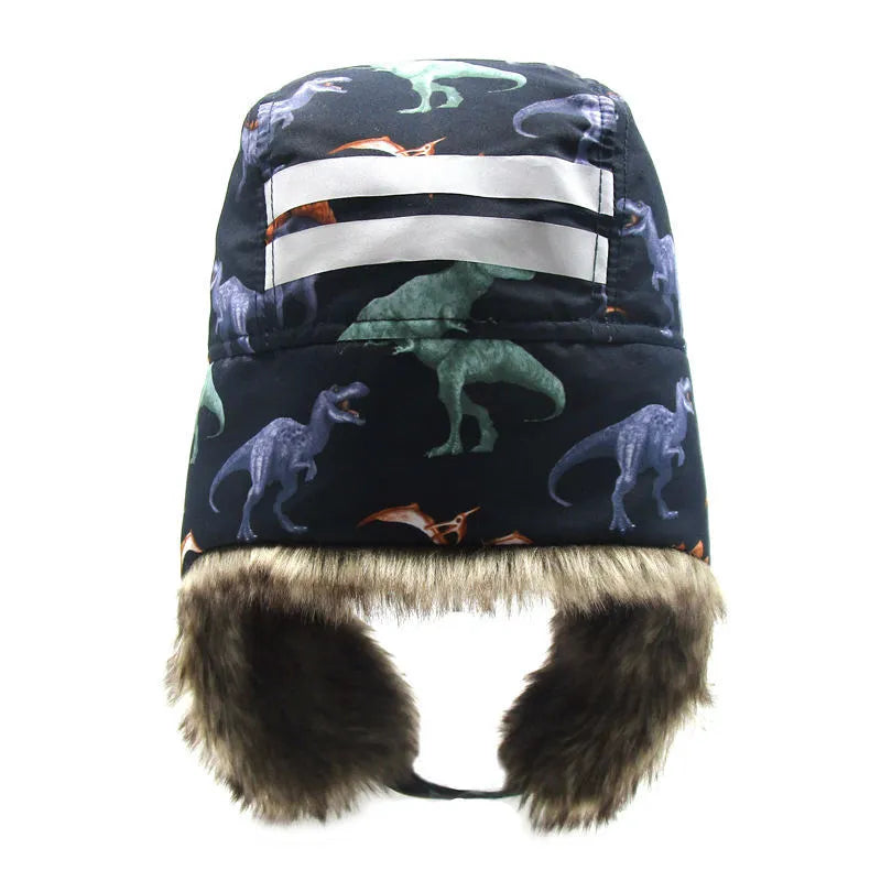Boys Dinosaur Print Thick Warm Ear Protection Hat - Enfance-Heureuse