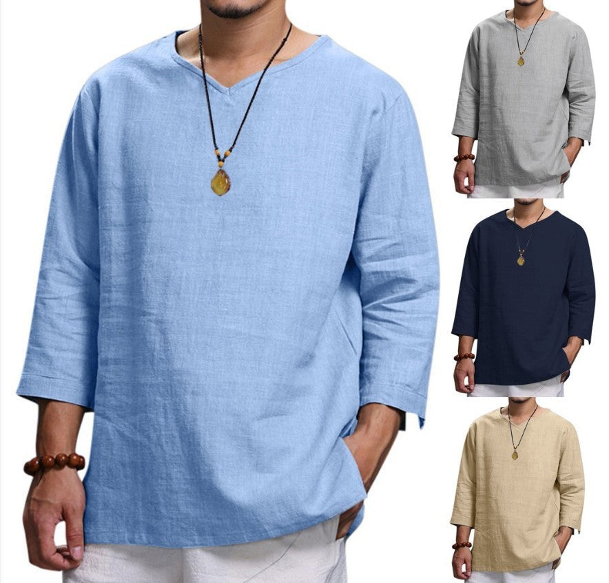 Loose Casual V-neck Top Cotton And Linen Long Sleeve Pullover Shirt Mens Clothing - Enfance-Heureuse