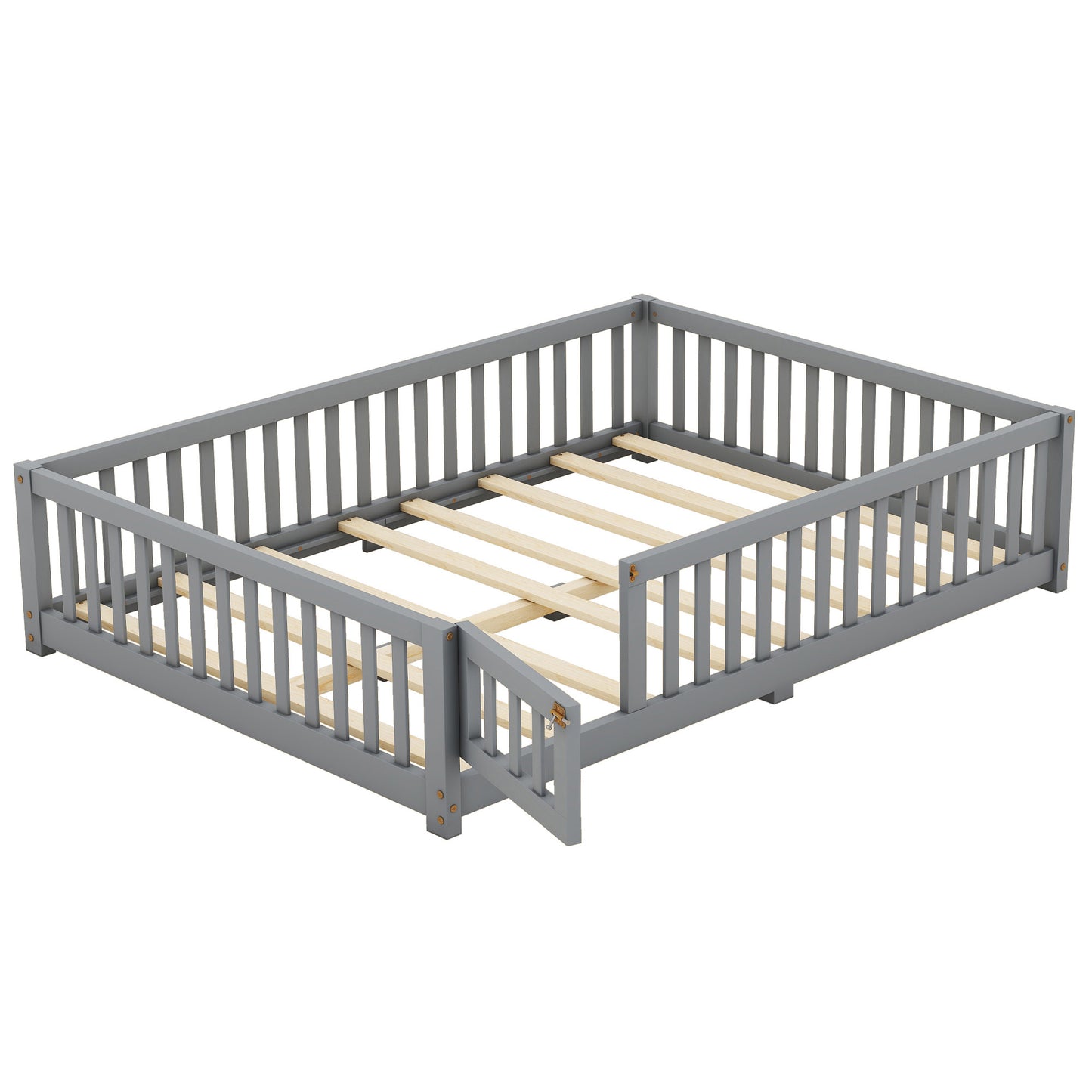 Full Size Bed Floor Bed With Safety Guardrails And Door For Kids, Gray - Enfance-Heureuse