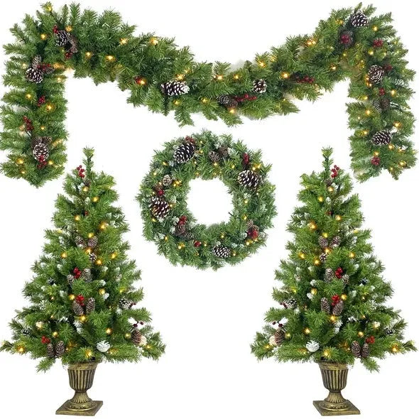 Pre-lit Xmas Tree Artificial Christmas 4-Piece Set,Garland, Wreath And Set Of 2 Entrance Trees X-mas - Enfance-Heureuse