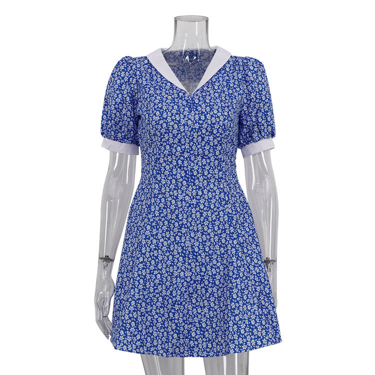 Lapel High-waist Blue Floral Dress - Enfance-Heureuse